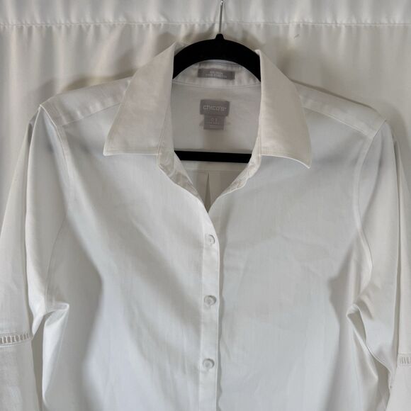 Chico's Button Down Shirt Women's Small 6 White Bell Sleeve 3/4 Sleeve Collared - Picture 2 of 10